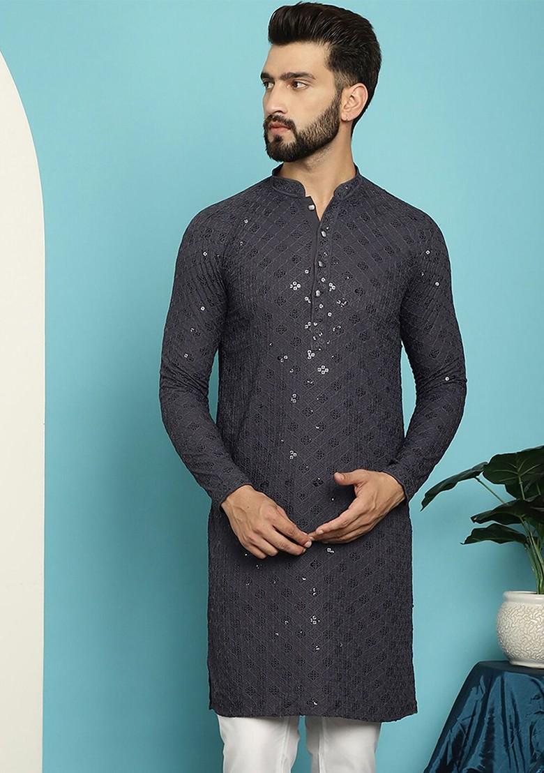 Grey Embroidered Cotton Kurta For Men