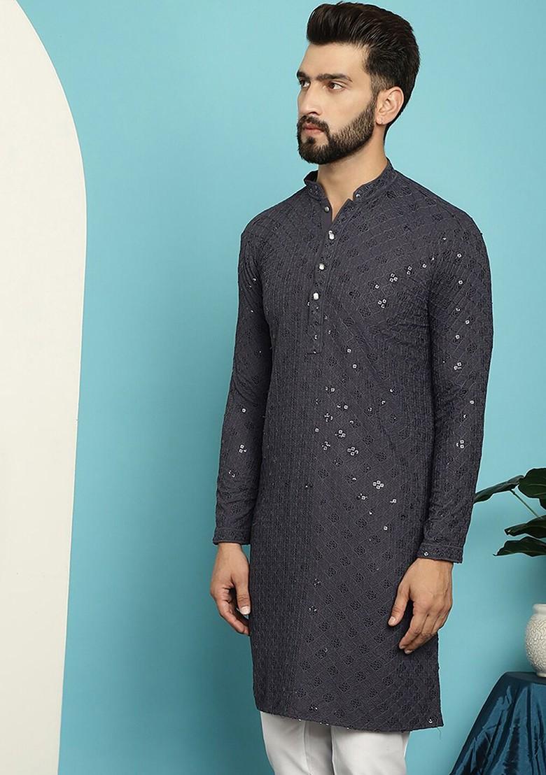 Grey Embroidered Cotton Kurta For Men