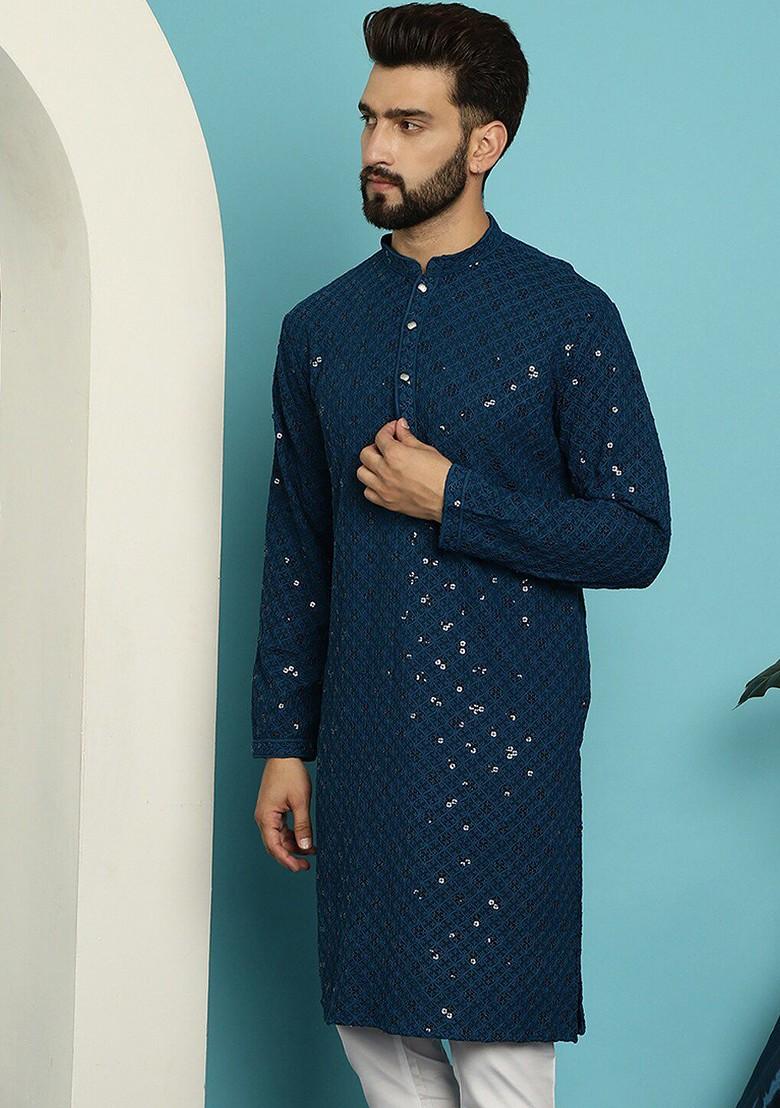 Teal Blue Embellished Cotton Kurta For Men