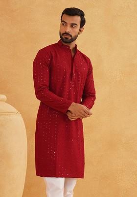 Maroon Embroidered Cotton Kurta For Men