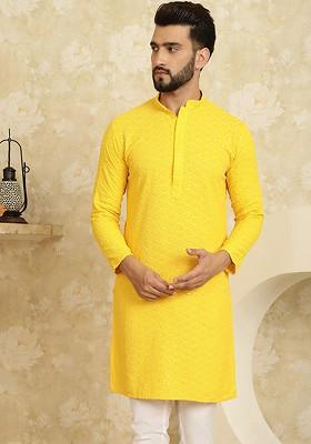 Mustard Embroidered Cotton Kurta For Men