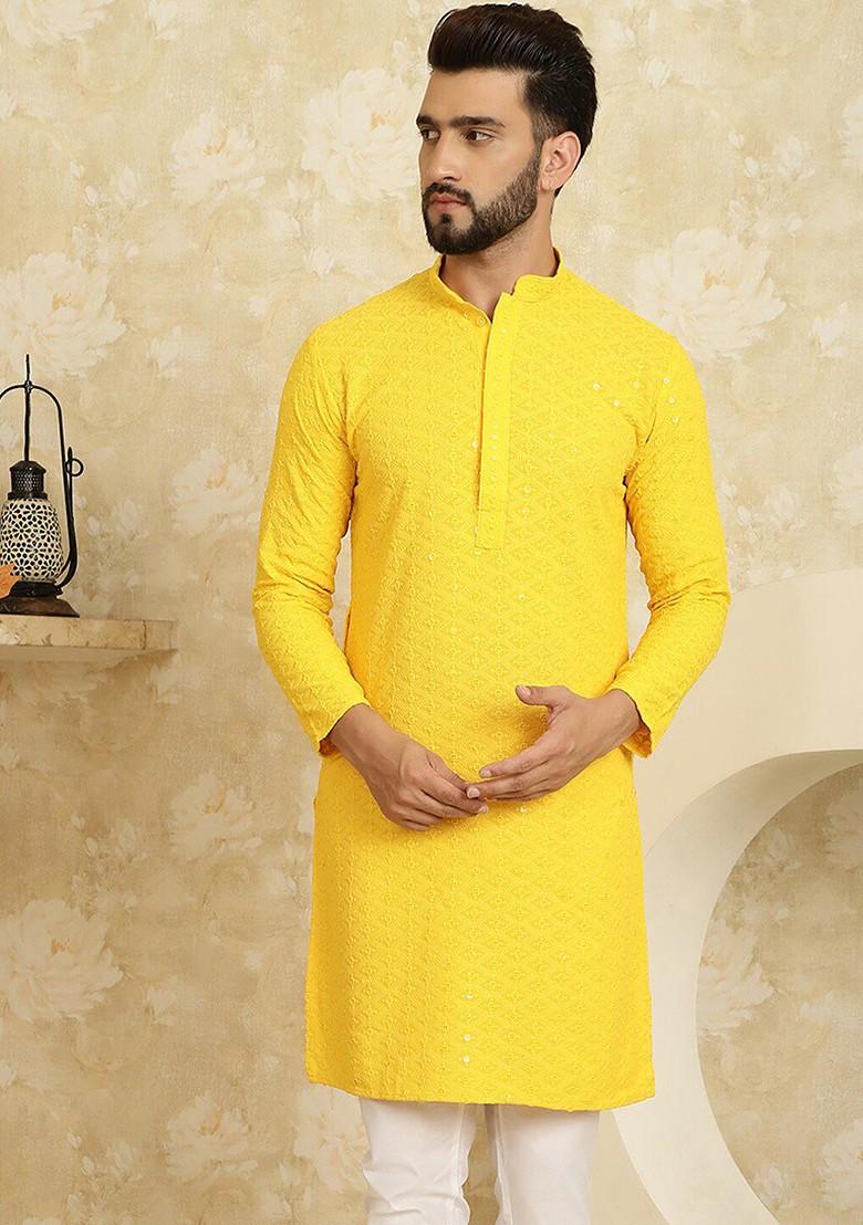 Mustard Embroidered Cotton Kurta For Men