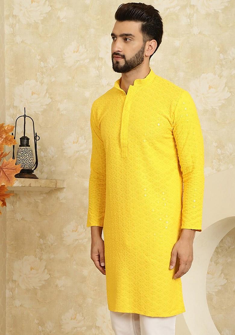 Mustard Embroidered Cotton Kurta For Men