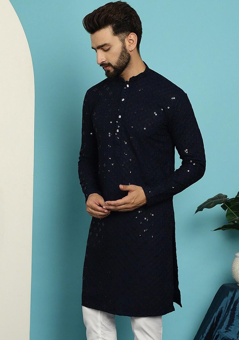 Navy Blue Embroidered Cotton Kurta For Men