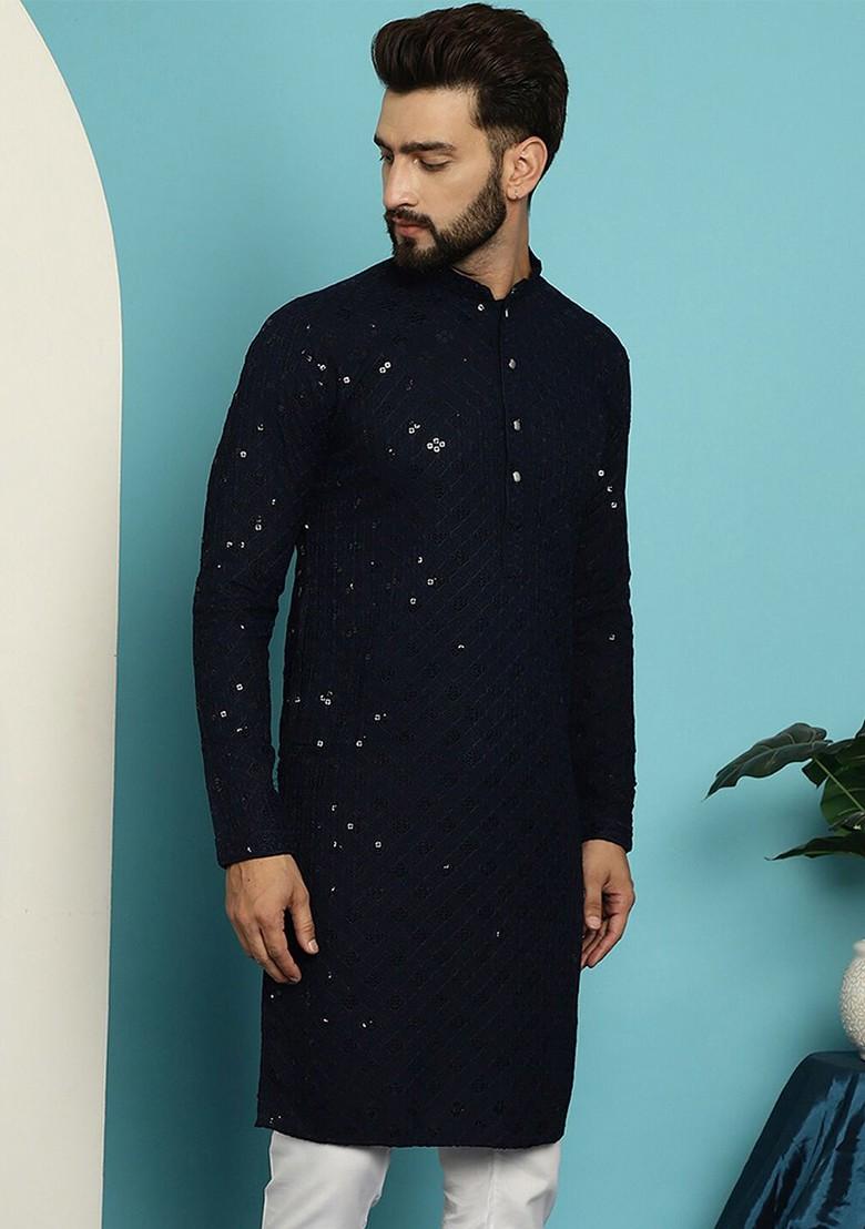 Navy Blue Embroidered Cotton Kurta For Men
