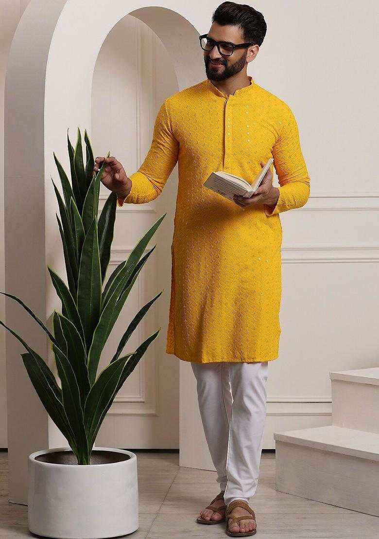 Mustard Embroidered Cotton Kurta For Men