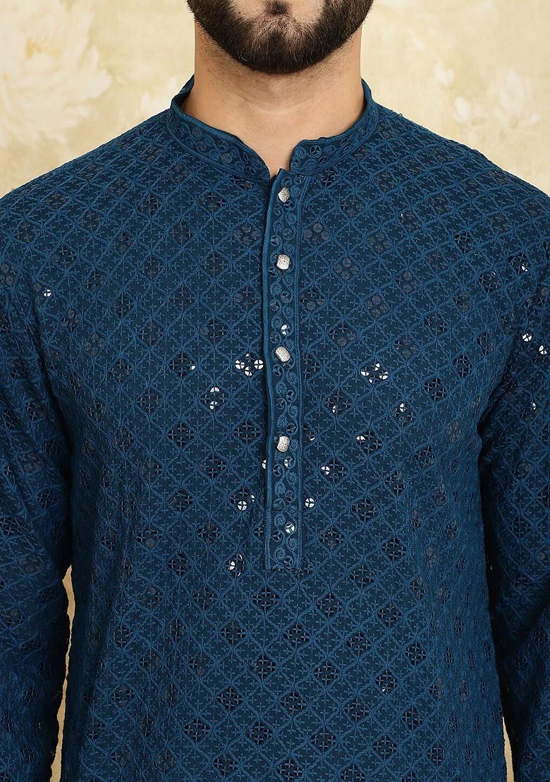 Teal Blue Embroidered Cotton Kurta For Men