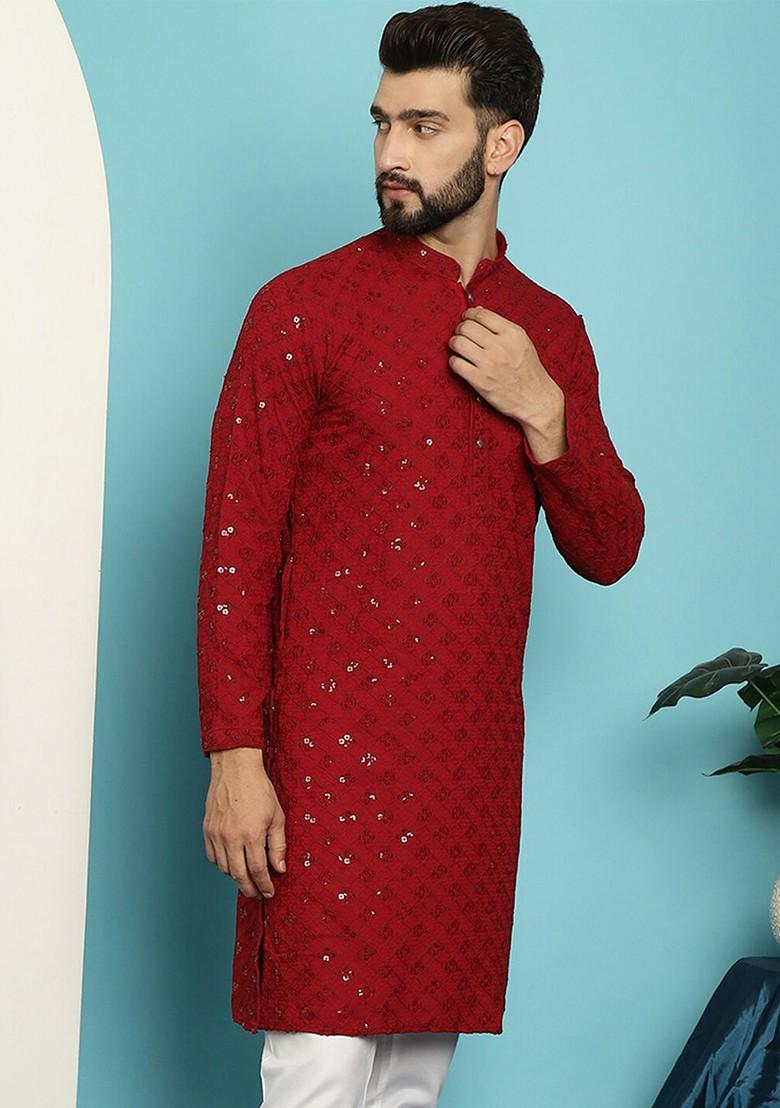 Maroon Embellished Cotton Kurta For Men