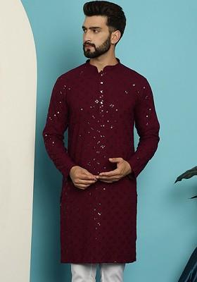 Purple Embroidered Cotton Kurta For Men