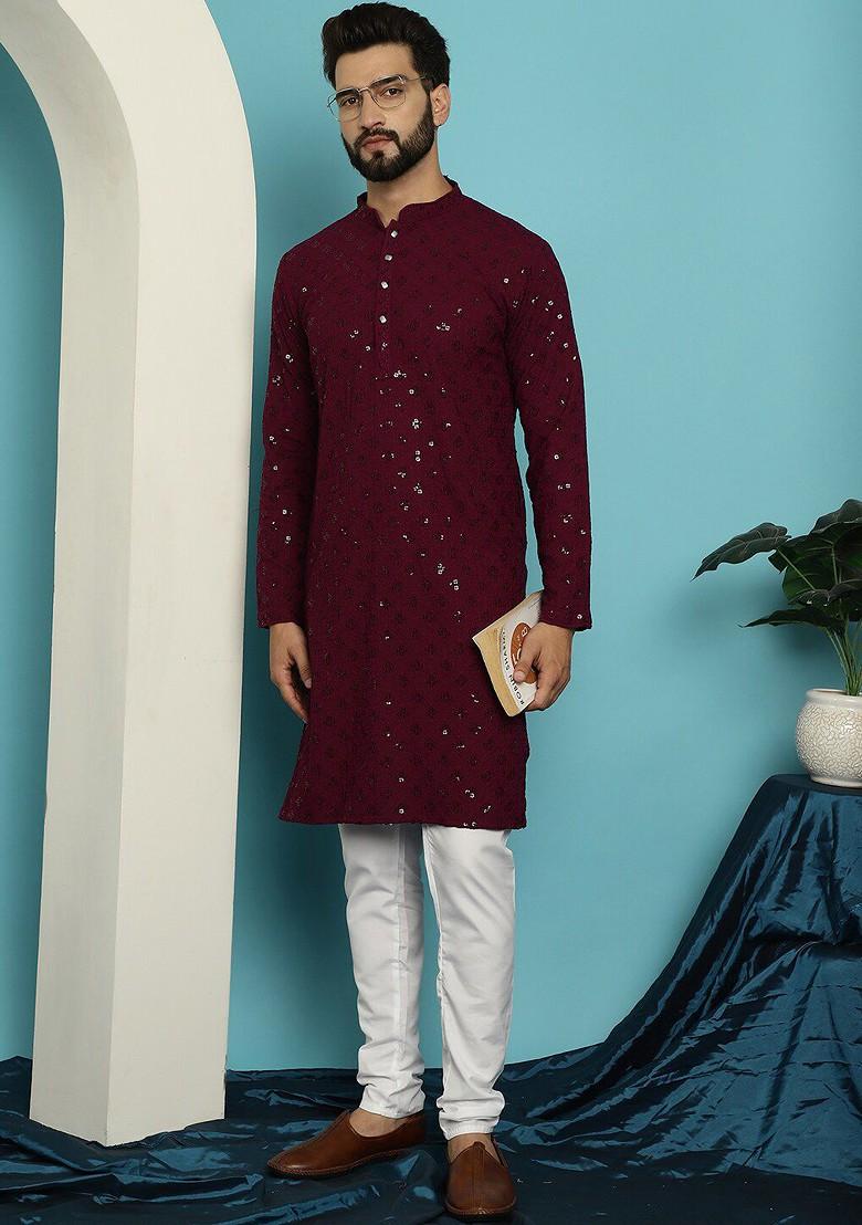 Purple Embroidered Cotton Kurta For Men