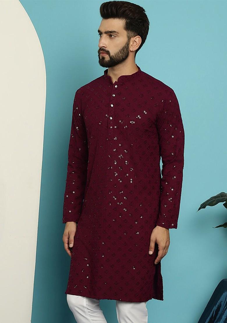 Purple Embroidered Cotton Kurta For Men