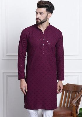 Purple Embroidered Cotton Kurta For Men