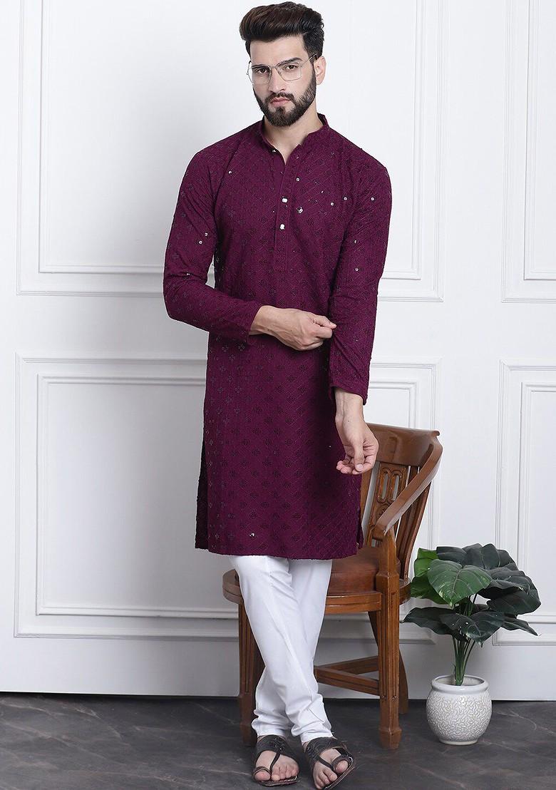 Purple Embroidered Cotton Kurta For Men