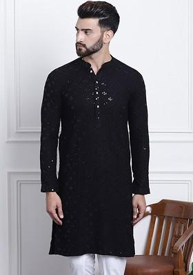 Black Embroidered Cotton Kurta For Men