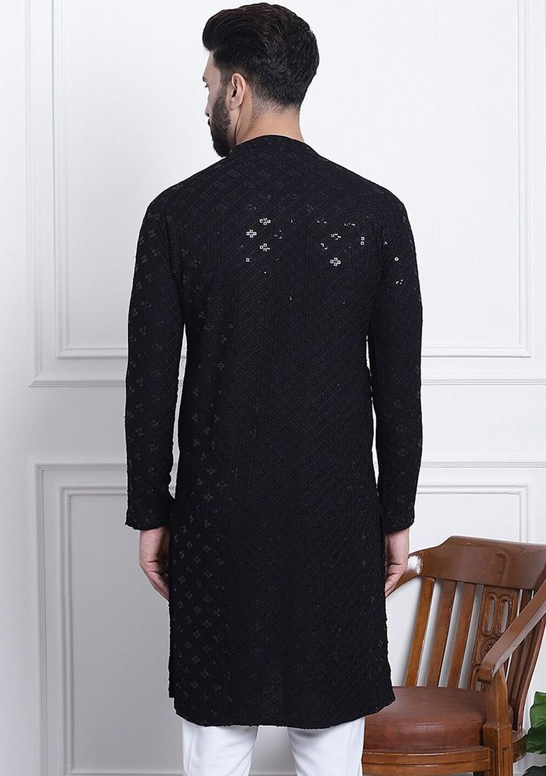 Black Embroidered Cotton Kurta For Men