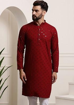 Maroon Embroidered Cotton Kurta For Men