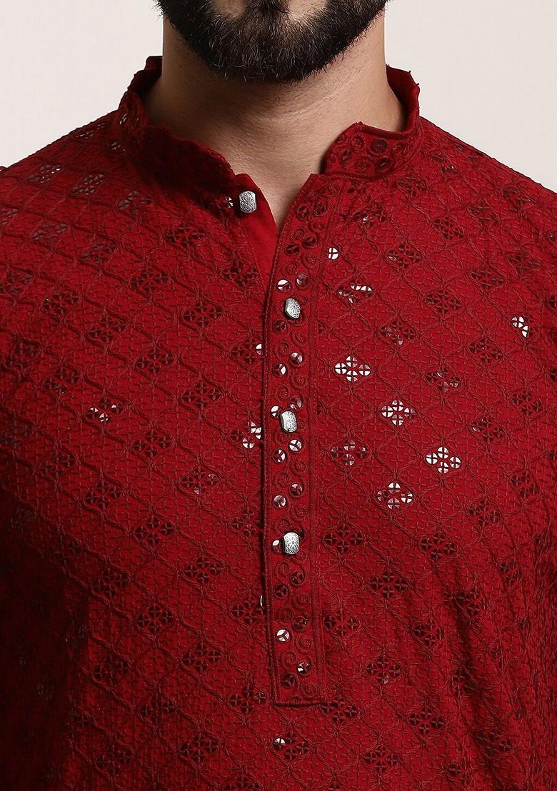 Maroon Embroidered Cotton Kurta For Men