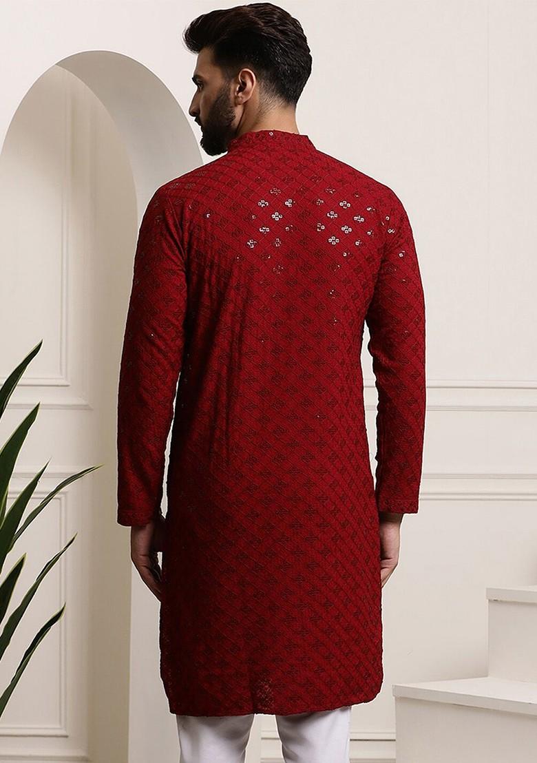 Maroon Embroidered Cotton Kurta For Men