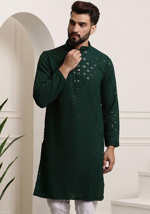Green Embellished Cotton Kurta For Men