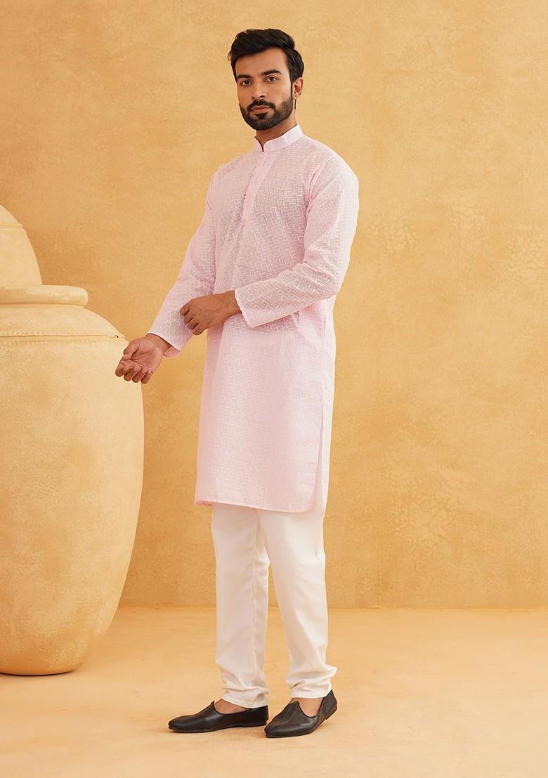 Pink Embroidered Cotton Kurta For Men