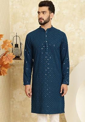 Teal Blue Thread Work Poly Blend Kurta For Men