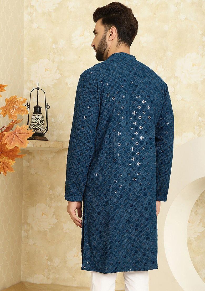 Teal Blue Thread Work Poly Blend Kurta For Men