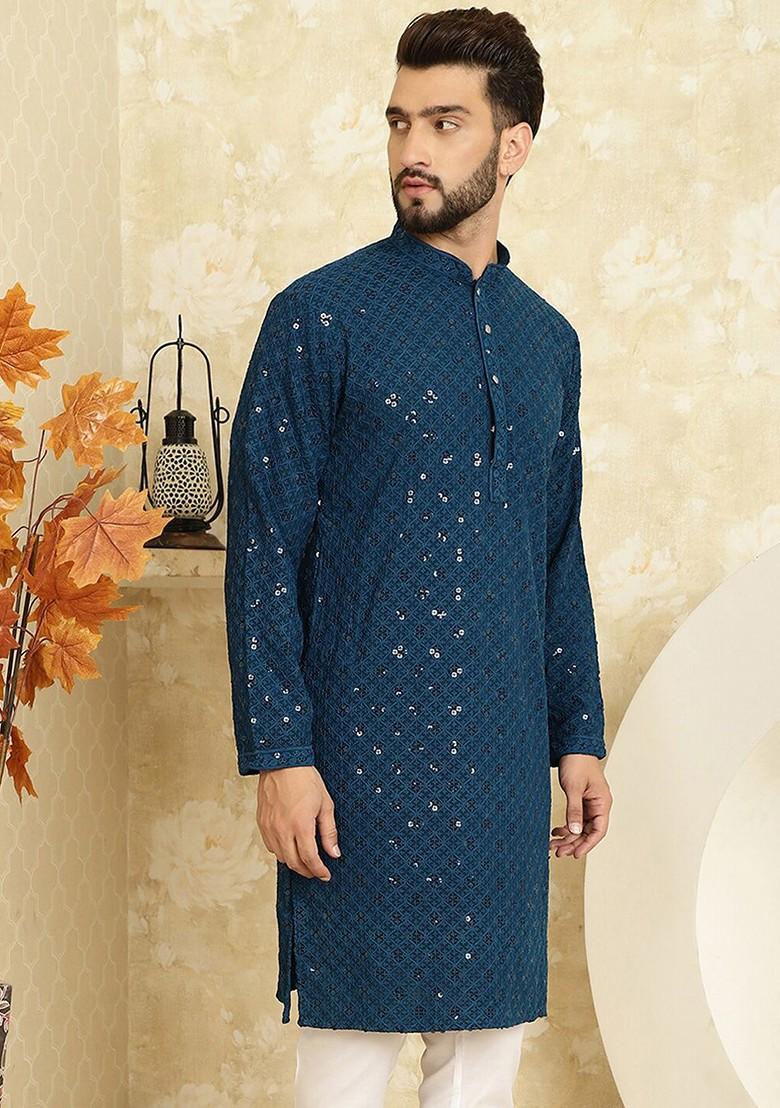 Teal Blue Thread Work Poly Blend Kurta For Men