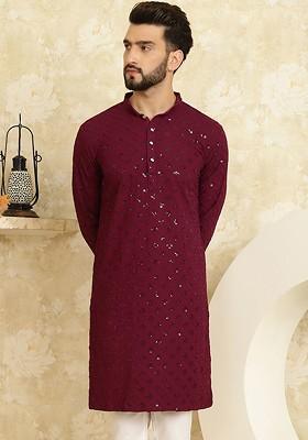 Burgundy Embellished Cotton Kurta For Men