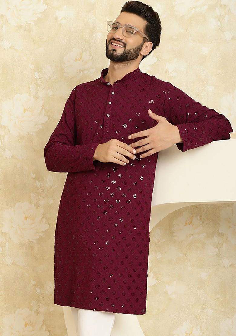 Burgundy Embellished Cotton Kurta For Men