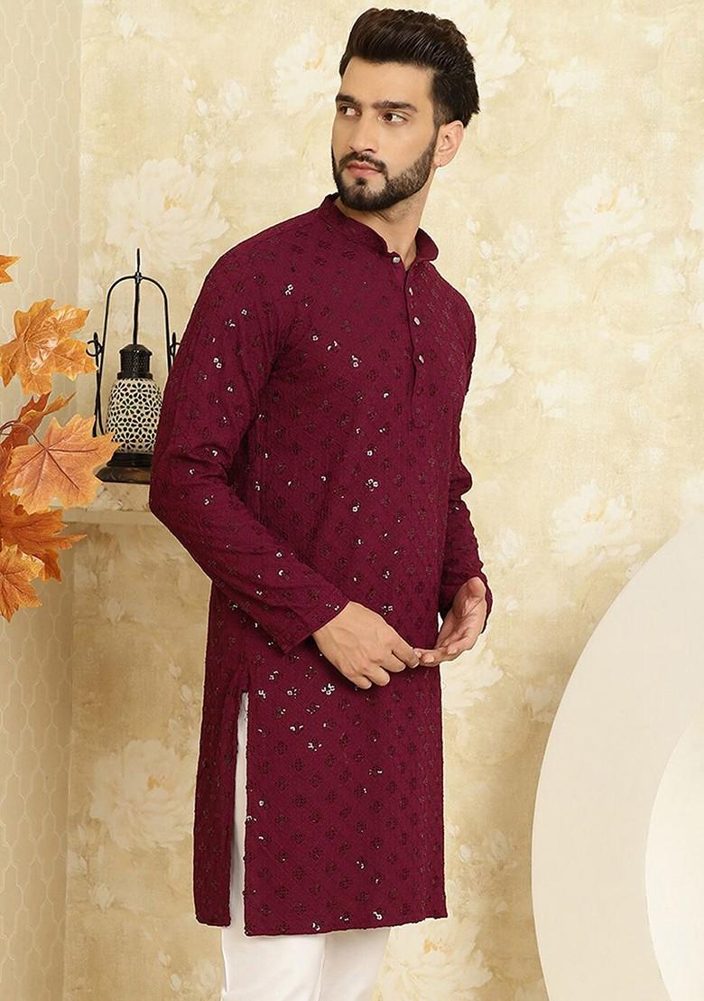 Burgundy Embellished Cotton Kurta For Men