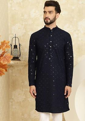 Navy Blue Embroidered Cotton Kurta For Men