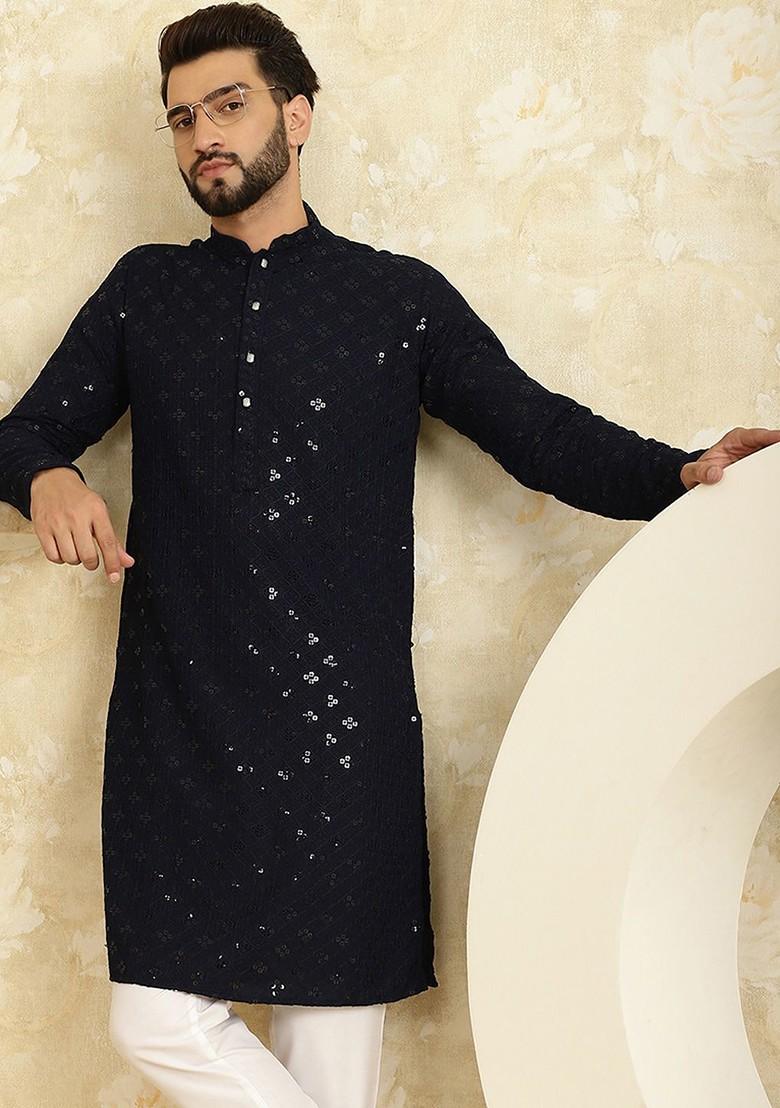 Navy Blue Embroidered Cotton Kurta For Men