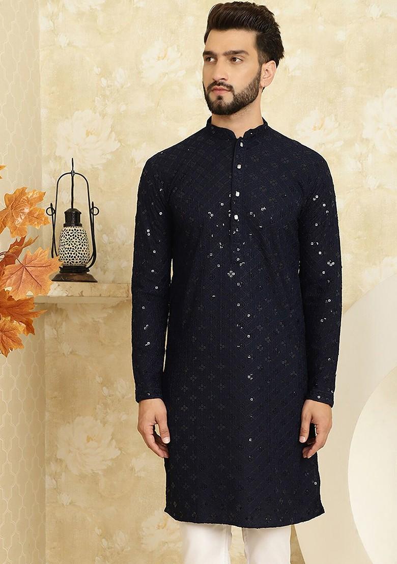Navy Blue Embroidered Cotton Kurta For Men
