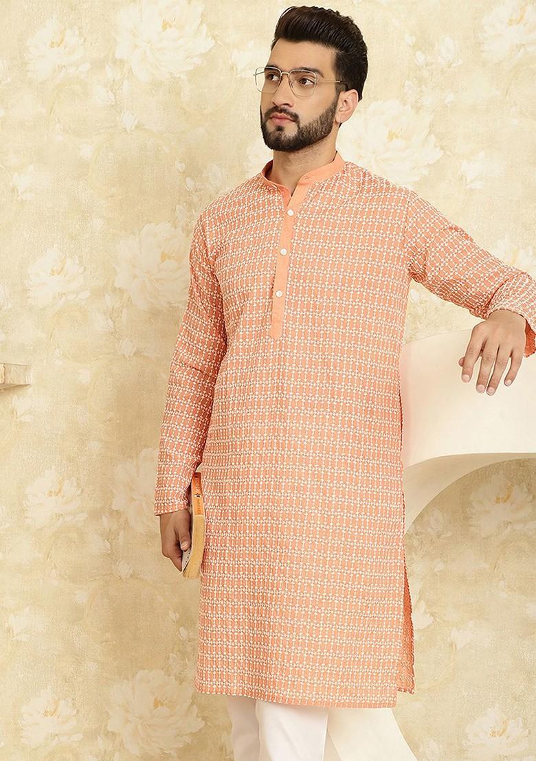 Peach Embroidered Cotton Kurta For Men