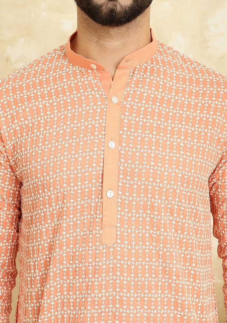 Peach Embroidered Cotton Kurta For Men
