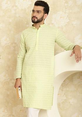 Green Ethnic Motifs Cotton Kurta For Men
