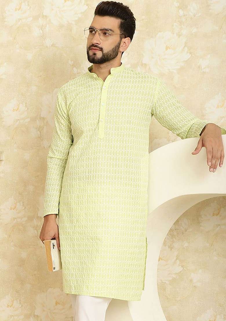 Green Ethnic Motifs Cotton Kurta For Men - Indya