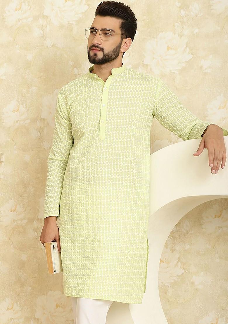 Green Ethnic Motifs Cotton Kurta For Men