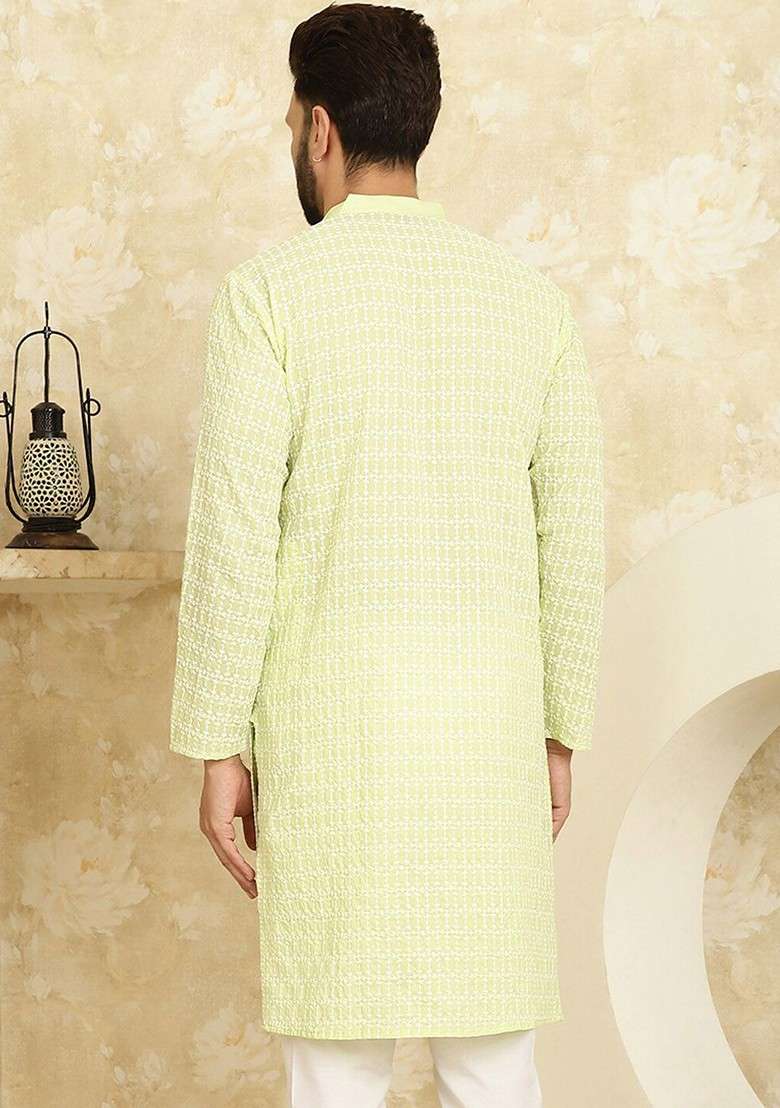 Green Ethnic Motifs Cotton Kurta For Men - Indya
