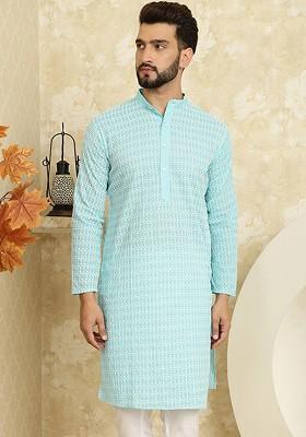 Blue Floral Print Poly Blend Kurta For Men