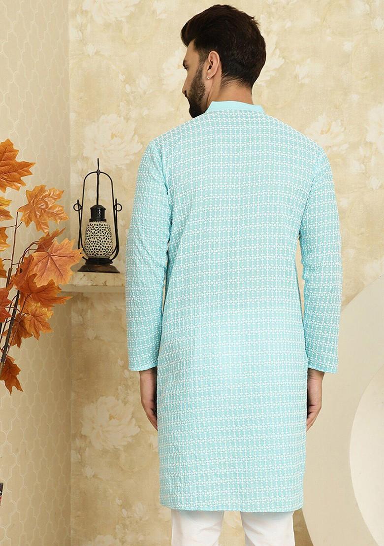 Blue Floral Print Poly Blend Kurta For Men