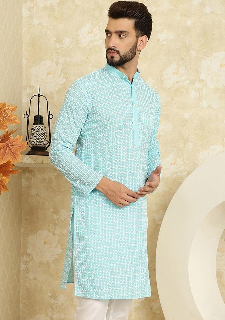 Blue Floral Print Poly Blend Kurta For Men