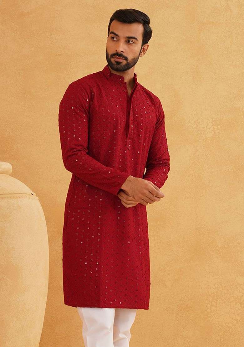 Maroon Thread Work Cotton Kurta For Men - Indya