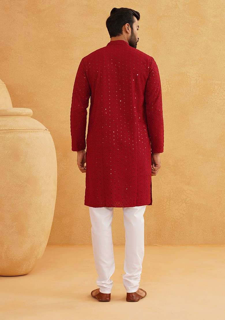 Maroon Thread Work Cotton Kurta For Men - Indya