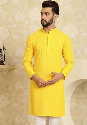 Mustard Embroidered Cotton Kurta For Men