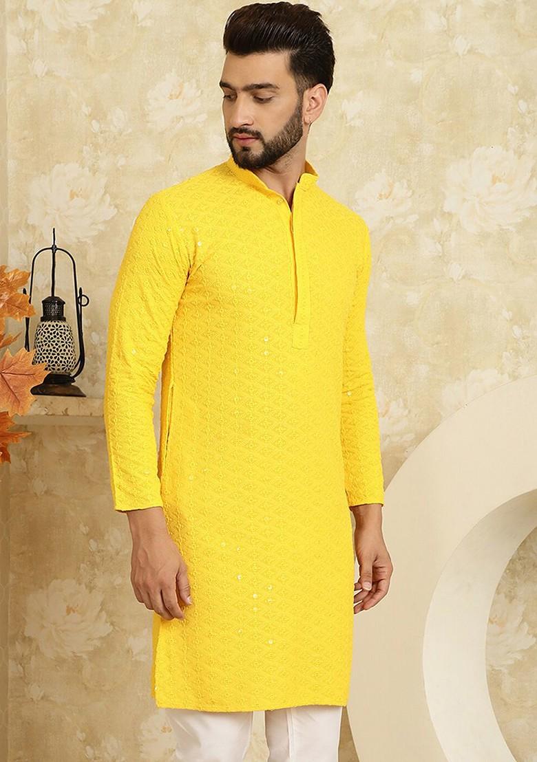 Mustard Embroidered Cotton Kurta For Men