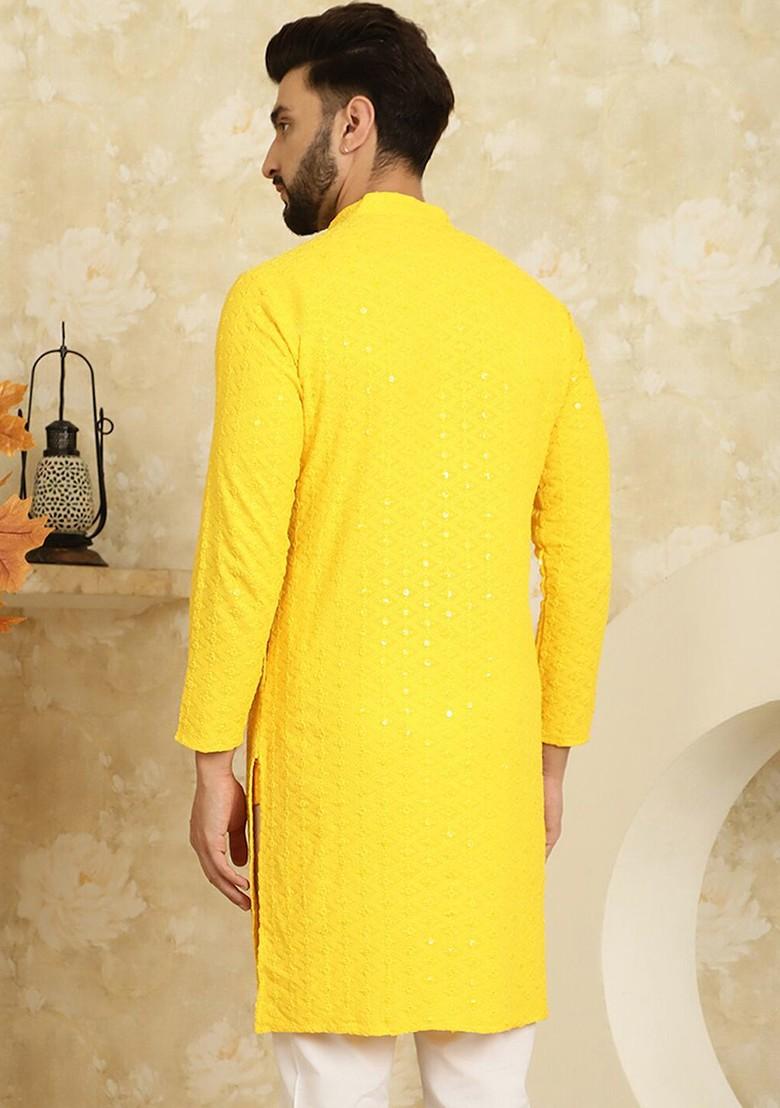 Mustard Embroidered Cotton Kurta For Men