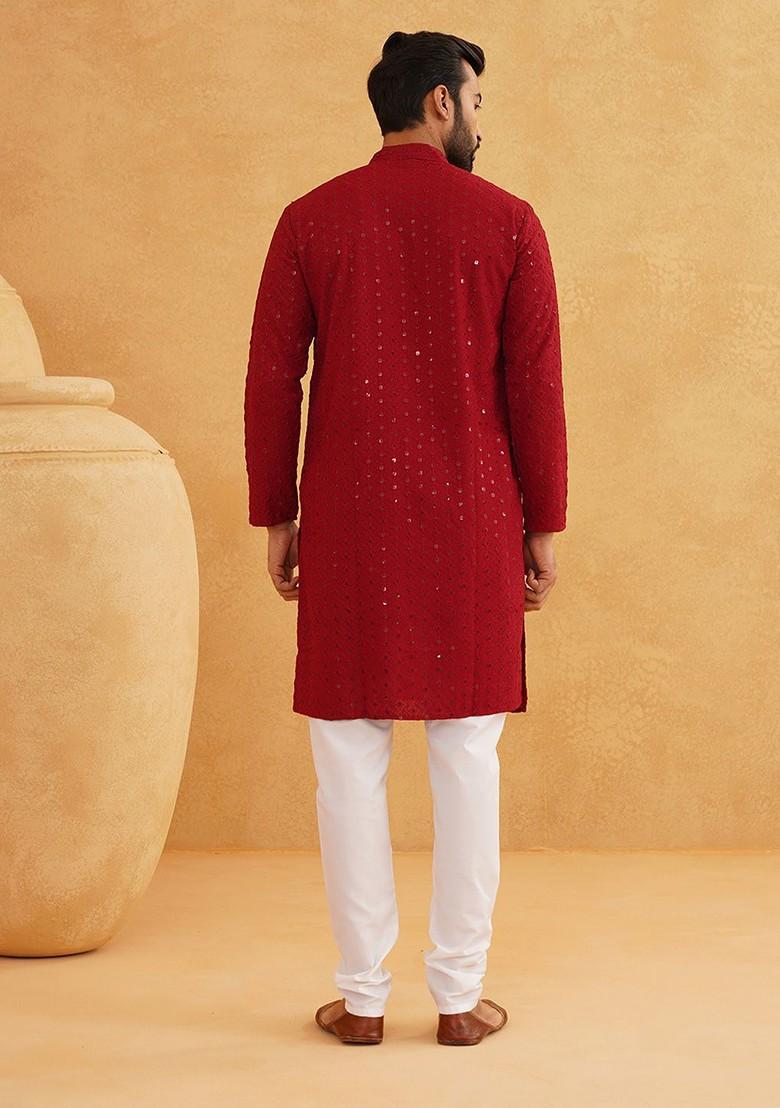 Maroon Embroidered Cotton Kurta For Men