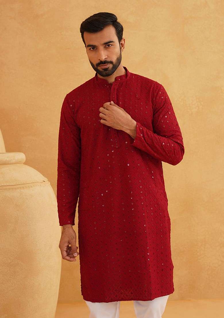 Maroon Embroidered Cotton Kurta For Men - Indya