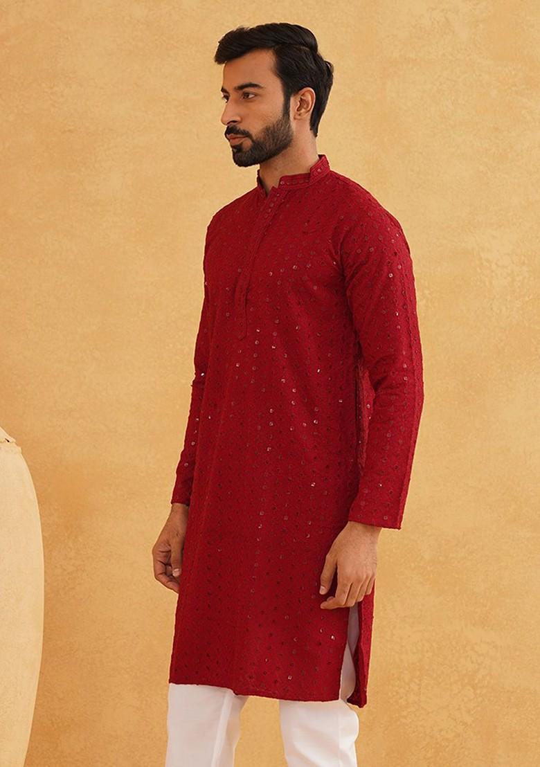 Maroon Embroidered Cotton Kurta For Men
